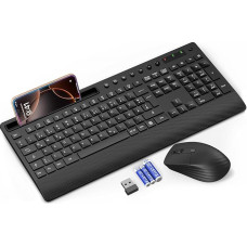 Belaidės klaviatūros ir pelės rinkinys, tyli 2,4 GHz viso dydžio klaviatūra su riešo atrama, telefono laikikliu, daugialypės terpės klavišais, belaidis rinkinys, skirtas 