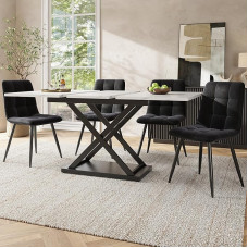 Gxffipw Valgomojo komplektas Išplečiamas valgomojo stalas su 4 kėdėmis 4 asmenims, valgomojo stalas su geležinėmis kojomis, baltas valgomojo stalas 160 x 80 x 75 cm su juodo aksomo valgomojo kėdėmis, virtuvės baldai