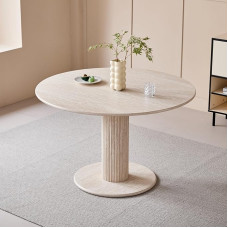 JZGORC Apvalus valgomojo stalas su cilindrinėmis kojomis Marmuro efektas Šiuolaikinis minimalistinis valgomojo stalas svetainei ar virtuvei 115 x 115 x 75 cm - geltonas travertinas