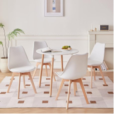 GrandCA HOME Dining Table and 4 Dining Chairs, Modern Dining Set, Round Desktop Table with Splicing Structure and Kitchen Chairs in White