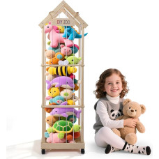 Sunowl Cuddly Toy Storage, Stuffed Toy Storage with 360° Brake Equipped Wheels, 146 x 47 x 35 cm for Children's Room, Playroom, Living Room etc. (with Roof)