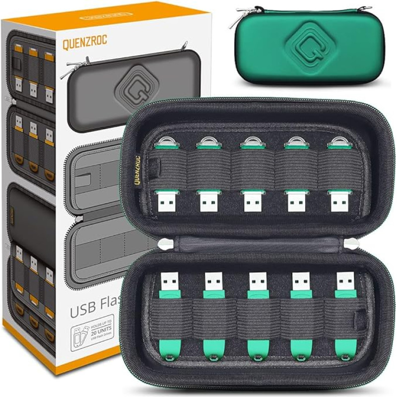 USB atmintinės laikymo krepšys, skirtas 20 USB atmintinių QUENZROC USB disko dėklas Organizatorius Apsauginis dėklas saugojimo dėžutė Deluxe Green