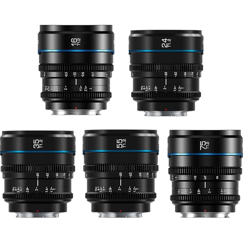 SIRUI Night Walker Cine objektyvas su rankinio fokusavimo rinkiniu, 16 mm, 24 mm, 35 mm, 55 mm, 75 mm, T1.2 objektyvas su didele diafragma ir S35 kadro pagrindiniu objektyvu, skirtas E laikikliui FX30, ZV-E10, A6400, A6700 (juodas)