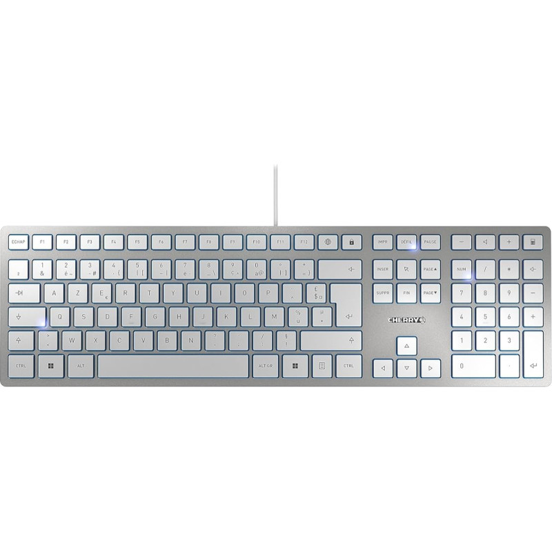 CHERRY KC 6000 SLIM, itin plono dizaino klaviatūra, belgų išdėstymas (AZERTY), laidinė (USB-A prievadas), tylūs klavišai, patvarus ženklinimas, sidabrinė