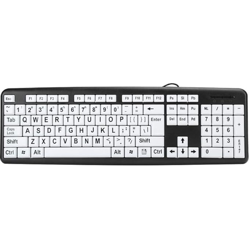 Balta kompiuterio klaviatūra su dideliu spausdintuvu, standartinė USB klaviatūra su 104 klavišais, kontrastingi balti klavišai su didelėmis spausdintinėmis raidėmis, skirta senjorams ir silpnaregiams, prijungiama ir naudojama (juoda)