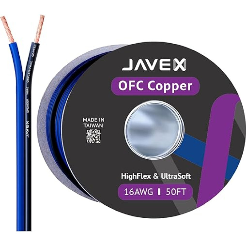 JAVEX Speaker Cable 16-Gauge AWG [Oxygen-Free Copper 99.9%] Stranded Copper, Blue/Black, Cable for Hi-Fi Systems, Amplifier 50 Feet [15.25 M]