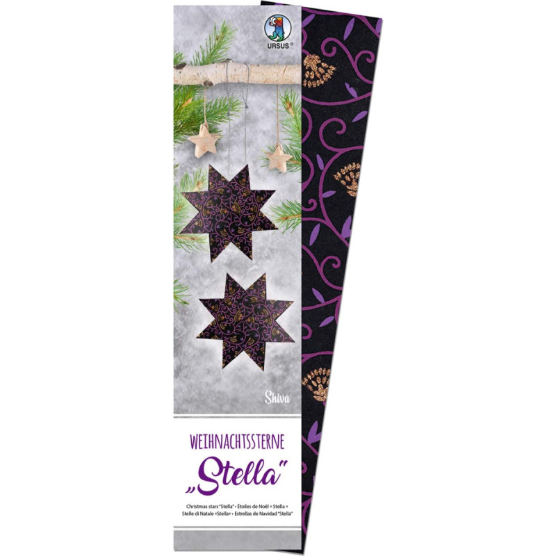 Ursus 16170000 Christmas Star Stella Shiva, Black/Purple/Copper, 110 g, Approx. 7 x 30 cm, 33 Sheets, Printed on Both Sides, Glitter, Includes Folding Instructions