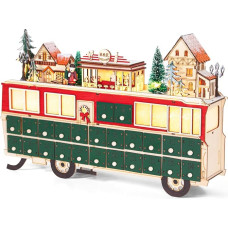 Todeco Wooden Advent Calendar with 24 Pull Boxes, with LED, Reusable Christmas Calendar with 24 Doors, Children's Christmas Wooden Decoration, 43 x 8.5 x 28 cm