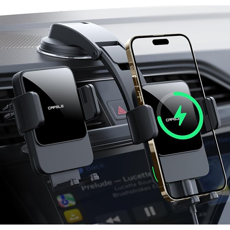 2-in-1: Qi 15 W car holder with charging function, CAFELE, automatic induction, mobile phone holder, car inductive charging for suction cup/air vents, wireless car charger for iPhone/Galaxy etc