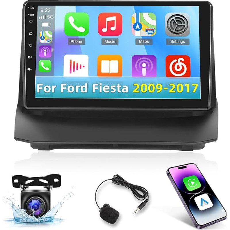 Andorid Double DIN Car Stereo for Ford Fiesta 2009-2017 with Carplay and Android Car - 2+64G 8 Core 9 Inch IPS Touchscreen Radio - WiFi DSP Mirror Link GPS Spilt Screen + AHD Rear View Camera + Mic