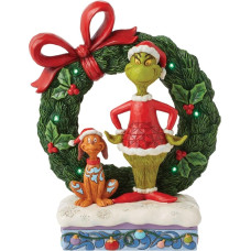 Enesco Dr. Seuss The Grinch by Jim Shore Max Standing on Wreath, Illuminated Figure, 8.5-inch, Multi-Colour