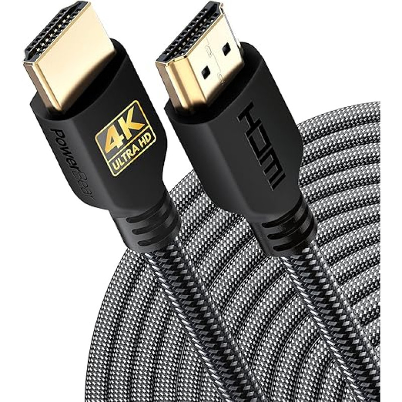 PowerBear 4K HDMI Cable 15 m | 18Gbps High Speed HDMI Cable, Braided Nylon and Gold Connector, 4K @ 60Hz, Ultra HD, 2K, 1080P, ARC and CL3 Certified | for Laptop, Monitor, CL3, PS5, PS4