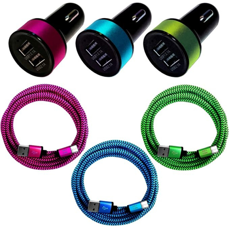 i! - 3 x 3.1 A Dual USB Car Charger + 3 x 1 m Premium Nylon USB-C Fast Charging Cable Data Cable Set for Mobile Phone Tablet Smartphone – Blue + Green + Pink