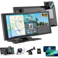 Volam 9.26 Inch Portable Car Radio Carplay Screen with 4K Dash Cam Car Front Rear 1080P Reversing Camera, Wireless A-pple CarPlay Android Car, Mirror Link, GPS, G-oogle, Siri, FM, AUX, 64G SD Card