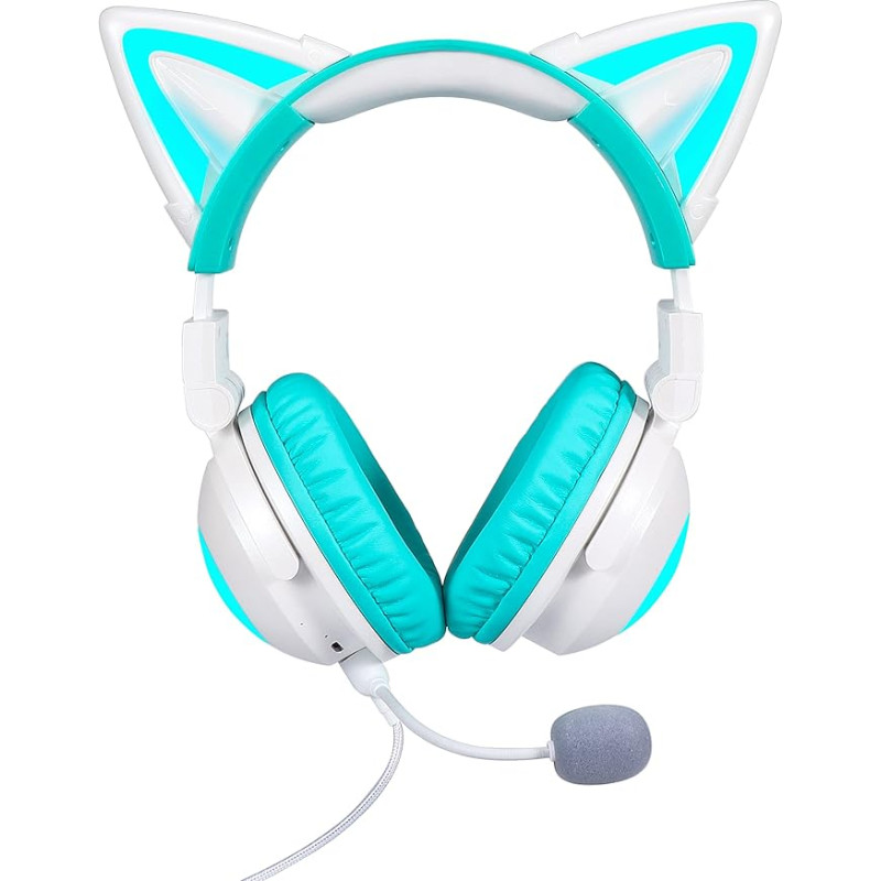 KUQIRMAOERJI New Wireless Cat Ear Headphones (12 Colour Changing), 8 Flashing Modes, with Connectable HD Microphone and Microphone Mute Button, 3.5 mm Jack, Gaming Pro (Green)