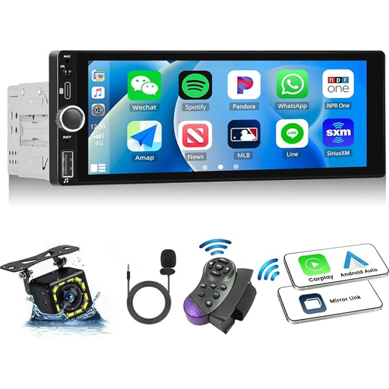 Car Radio 1 DIN with Wireless CarPlay Android Car, 6.86 Inch Screen, MP5 Multimedia Player with Mirror Link Bluetooth FM/RDS Radio SWC AUX-in EQ USB Type-C + Reversing Camera & Microphone