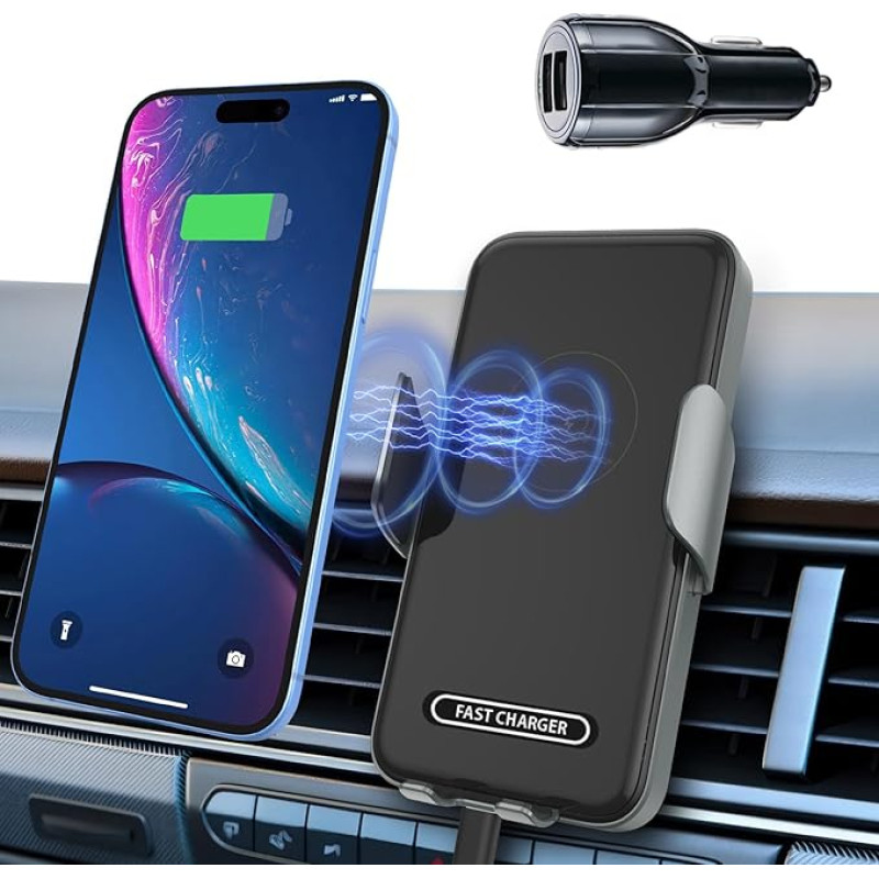 Mobile Phone Holder Car with Charging Function, 15 W Inductive Charging Station Car, Stable & Fast Wireless Charger, Car Mobile Phone Holder Ventilation for iPhone 15 Pro/14/13, Galaxy S24/S23/S22