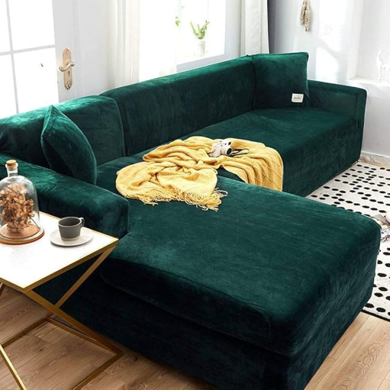 HKPLDE Storas sofos dangteliai 1 2 3 sėdynės Velvet L formos sofos Slipcover Easy Fit Stretch Elastinis audinys Sofa sofa baldų apsauga - 3 sėdimos vietos + 4 sėdimos vietos tamsiai žalia