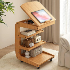 PQXQZ C Beistelltisch mit Rollen Beistelltisch Bett mit 3 Ebenen und Verstellbarer Winkelplatte Mobiles Lagerregal für Wohnzimmer, Schlafzimmer und Kleine Räume(Beige)