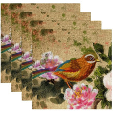 Medžiaginiai padėkliukai, plaunami valgomojo stalo padėkliukai, 4 rinkiniai, kinų stiliaus tapybos paukščių bijūnų gėlės