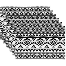 Stoff-Tischsets, waschbare Tischsets für Esstisch, 6er-Set,Schwarz weißer indischer ethnischer Stammes