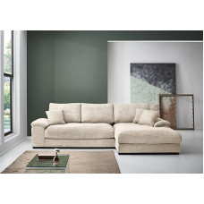 Wohnlandschaft >Adriena<, smėlio spalvos, dešinysis otomanas, metalinės kojelės, juodos metalinės kojelės, poliesterio putos, pūkai, šono matmenys apie 281 x 177 cm, yra 3 atlošo ir 3 dekoratyvinės pagalvėlės, 281 x 90 x 177 cm