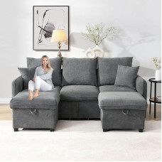 Billg Corner Sofa with Sleep Function and Bed Box, Modern Sofa in U/L Shape, Corner Couch Living Room 3 Seater, 2 Footstools Storage Space, Removable, 2 Drawers, 2 Cushions, Sofa Bed, Flexible