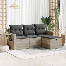 Rantry Gartensofa-Set 4-teilig mit Kissen hellgrau Polyrattan, Set Schlafsofa Wohnzimmer Couch, modernes Sofaset für den Außenbereich, Gartenmöbel Modell 3325458
