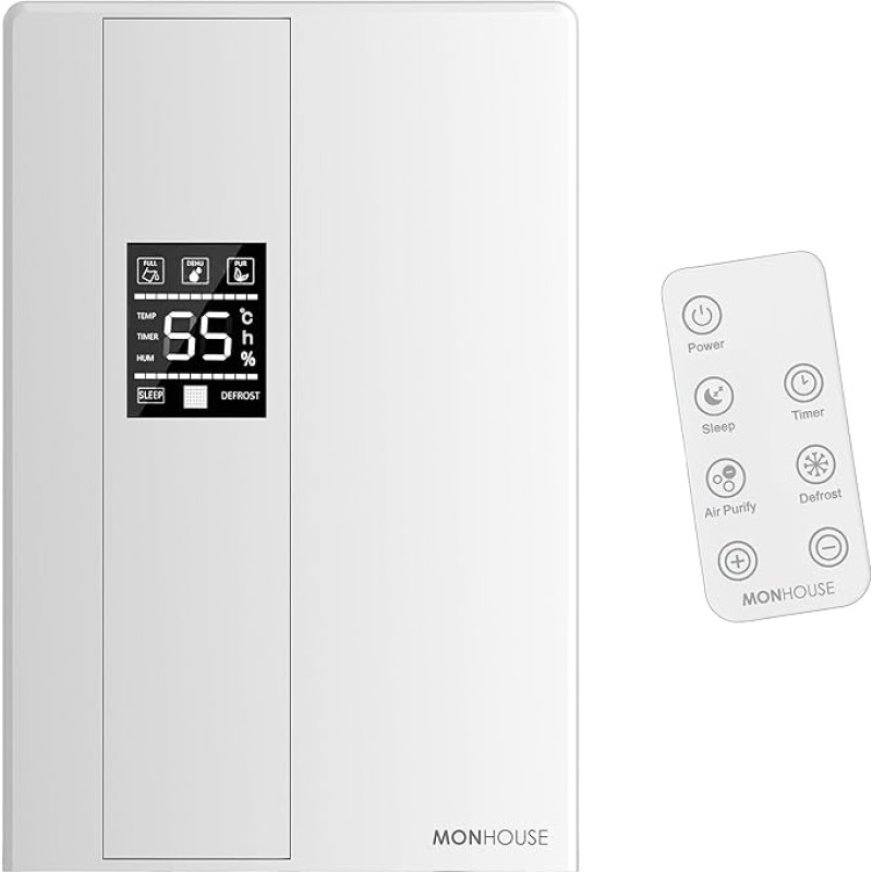 MONHOUSE oro sausintuvas namams - 2200 ml talpykla - nuotolinio valdymo pultas, miego ir atitirpinimo režimas, LED ekranas, 24 valandų laikmatis ir automatinis išsijungimas - elektrinis drėgmės sugėriklis - baltas