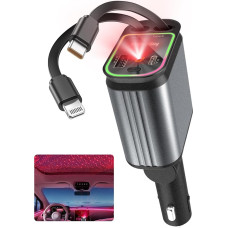4-in-1 Retractable Car Charger, 66 W Car Fast Charger with iPhone & Type-C Cable, 180° Adjustable Plug, Cigarette Lighter with Starry Sky LED, Charging Cable Car for iPhone, Samsung Galaxy