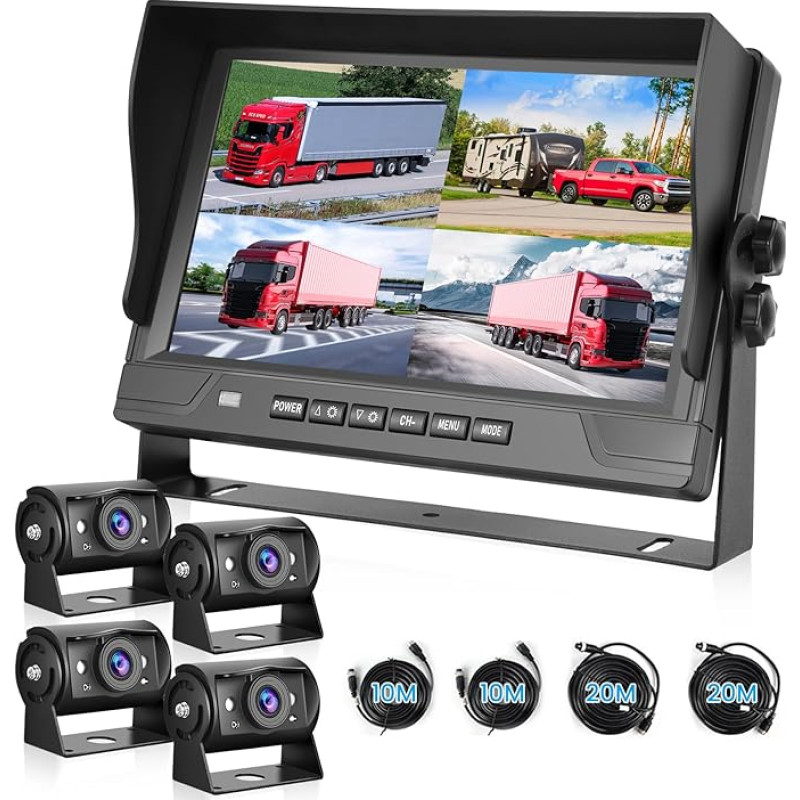 1080P galinio vaizdo kamera su 4 padalytu 9 colių monitoriumi, palaiko 4 kameras DVR/IP68, atspari vandeniui/nakties matymui, skirta sunkvežimiams, nameliams ant ratų, karavanams su 2x10M ir 2x20M kabeliais