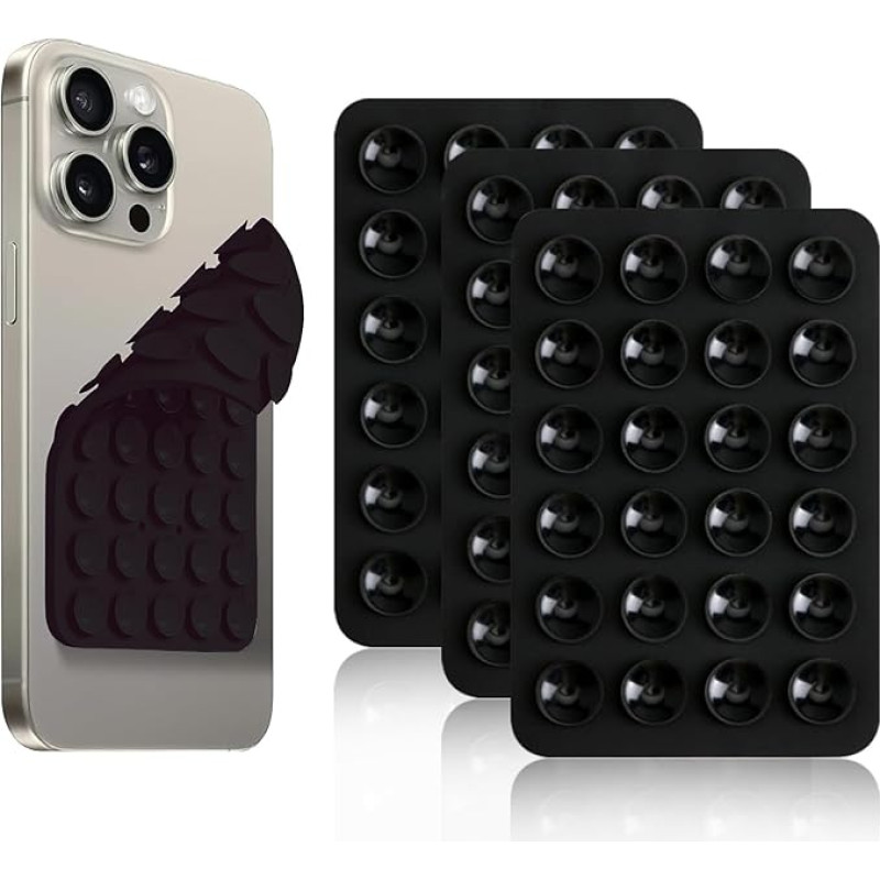 Silikoninis telefono laikiklis su siurbtuku, dvipusis, 24 siurbtukai, daugiafunkcinis, lipnus, neslystantis, skirtas veidrodžio stiklui, asmenukėms automobilyje, vaizdo įrašams, suderinamas su daugeliu išmaniųjų telefonų, 3 vnt. (juodas)