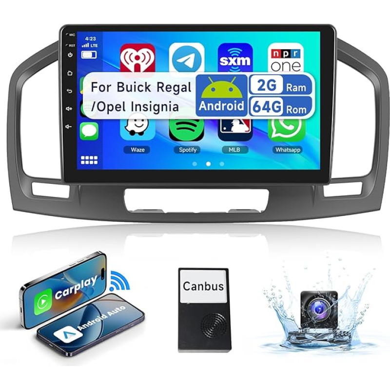2 + 64G podofo 9 colių automobilinis radijas 2 DIN Buick Regal 2009-2013/Opel Insignia 2008-2013 belaidis carplay Android automobilis, Android 13 radijas Bluetooth HiFi RDS/FM + AHD galinio vaizdo kamera/DVR/Canbus