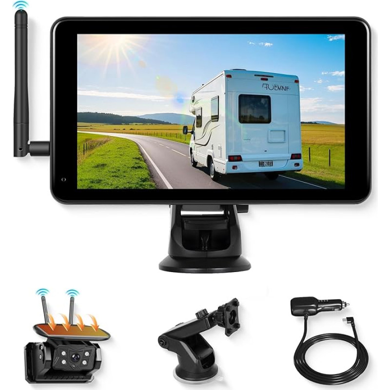 VECHTEL belaidė saulės atbulinės eigos kamera su 10 000 mAh akumuliatoriumi, 7 colių IPS monitoriumi, atbulinės eigos kamera su IP68 atsparumu vandeniui, naktiniu matymu, BSD DVR, itin plačiu kampu, skirta karavanui, sunkvežimiui, automobiliui, kemperiui