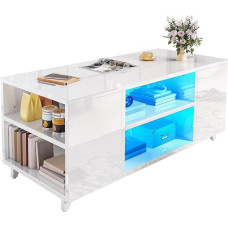 YITAHOME Kavos staliukas Blizgus baltas modernus svetainės staliukas su 16 spalvų LED apšvietimu Sofos staliukas su reguliuojama lentyna 97,5 x 48 x 45 cm