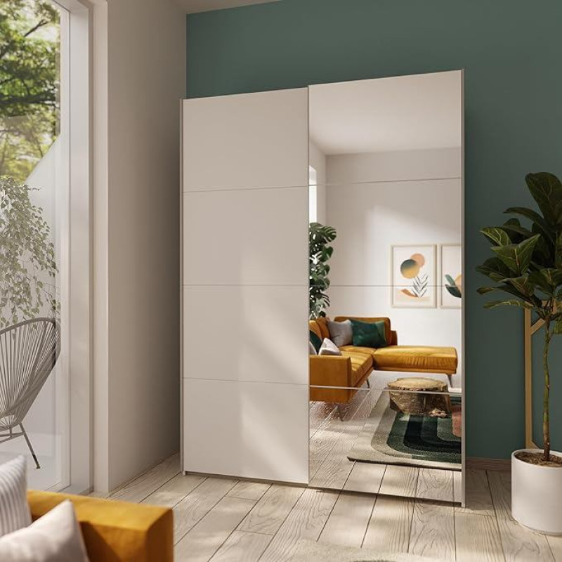 FORTE Schach & MATT 2 spinta 150 Moderni 2 durų spinta su veidrodžiu Medžio kompozito stumdomųjų durų spinta Balta 150,1 cm pločio 210,5 cm aukščio 61,2 cm gylio