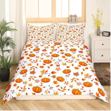 Halloween Pumpkin Duvet Cover Set - Happy Autumn Bed Linen 200 x 200 cm with Cute Autumn Flowers and Maple Leaves - Thanksgiving Gifts for Children, Boys, Girls - Autumn Room Decor 3 Pieces