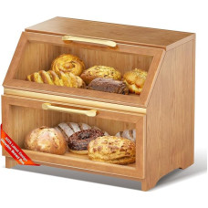Mihoho Double Layer Wooden Bread Bin for Kitchen Counter Large Bread Storage Container for Homemade Bread Farmhouse Bread Bin Organizer for Kitchen Counter Corner Cabinet Pantry