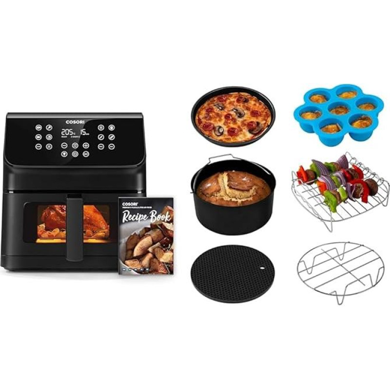 COSORI karšto oro keptuvė ir šešių dalių priedų rinkinys - oro keptuvė, 6,2 l, juoda + spalvota, nerūdijantis plienas, tyli technologija, aštuonios iš anksto nustatytos programos, kepimas, keptuvė, keptuvė, keptuvė, keptuvė