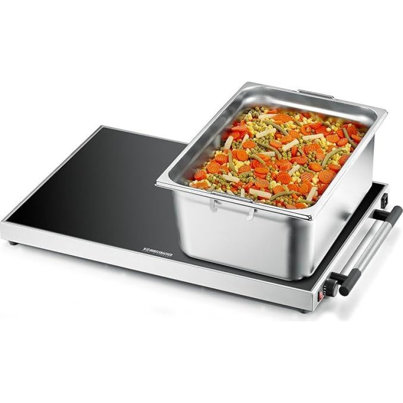 ROMMELSBACHER WPR 407/E Gastro pašildymo lėkštė, nerūdijantis plienas, apsauginis plūdinis stiklas, nuolat reguliuojama 40-105 °C, 61 x 41 cm plotas, skirta 1/1 GN formato konteineriams, įjungimo ir išjungimo jungiklis, pagaminta Vokietijoje