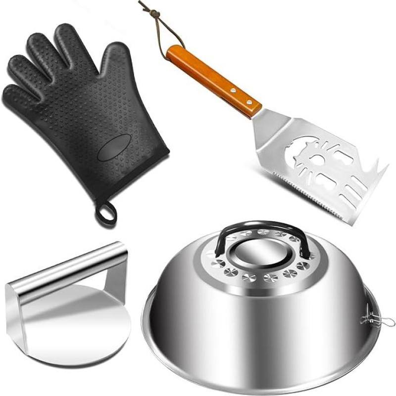 WISDOMWELL Smashed Burger-Kit, Burgerpresse, 25,4 cm Grilllabdeckung, Grillspatel, 1 Grillhandschuh, Grillzubehör-Set für flache Grillplatte