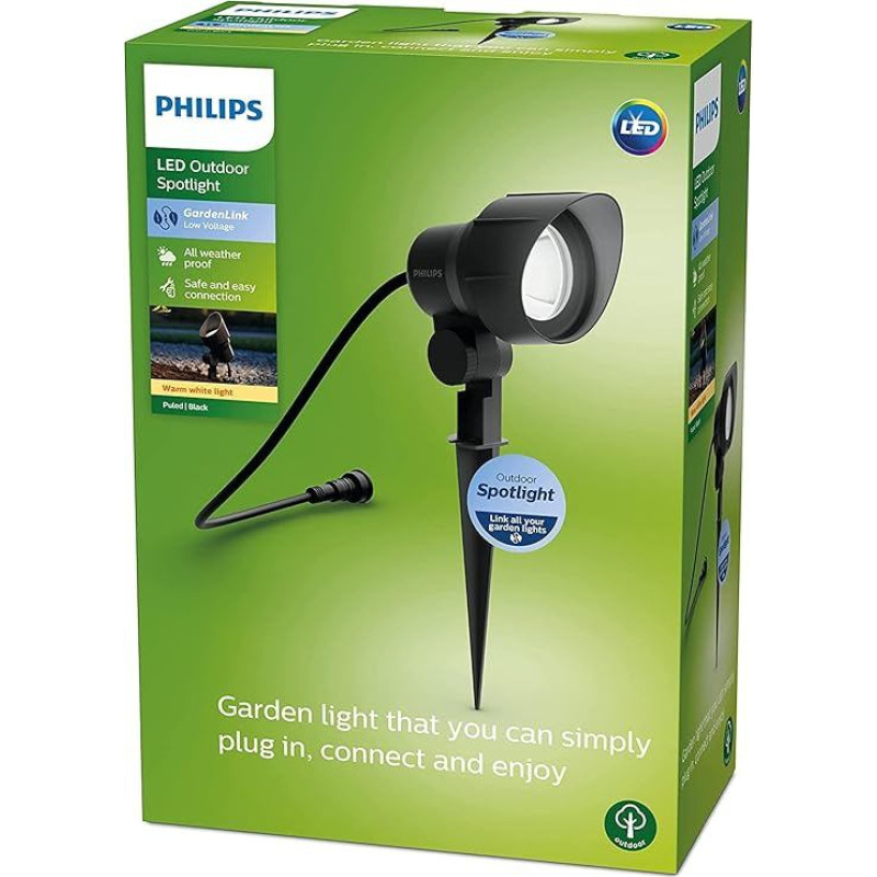 PHILIPS lauko prožektoriaus prailgintuvas (6 W), atsparus atmosferos poveikiui, žemos įtampos antžeminis prožektorius su antžeminiu smaigaliu ir šilta balta šviesa, energiją taupantis LED apšvietimas, juodas
