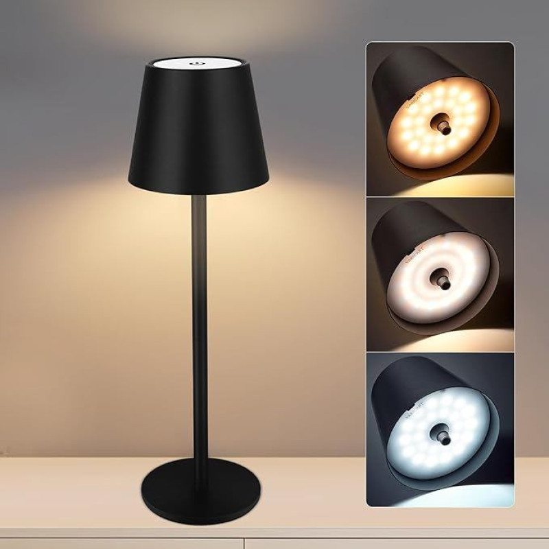 VARICART LED stalinė lempa belaidė su jutikliniu valdymu, USB-C reguliuojamo ryškumo stalinė LED lempa su 3 spalvų temperatūromis, reguliuojamo aukščio, IP54 vandeniui atspari restoranui, miegamajam, barui, lauke (juoda)