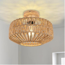 KMaiPem Boho rotango lubų šviestuvas Gyvenamasis kambarys 1 šviesa Rankomis pintas mažas lubų šviestuvas Miegamasis Natūralus medinis ūkis Mediniai lubų šviestuvai virtuvei, įėjimo zonai, prieškambariui