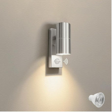 JNR Edelstahl LED Außenlampe mit PIR Bewegungsmelder, IP54 Wasserdichte Außenleuchte mit Bewegungsmelder 230V, Aussenlampe inkl. 5W GU10 3000K Warmweiß Glühbirne, Wandleuchte aussen innen, Silber