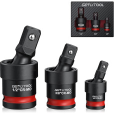 GETLITOOL Power Ball Joint 3 dalių universalių jungčių rinkinys 1/2 3/8 1/4 colio 360° pasukamas Cr-Mo plieno smūginis veržliaraktis su rutuline spyruokle, skirtas dinamometriniam veržliarakčiui, gręžtuvui, kištukiniam raktui