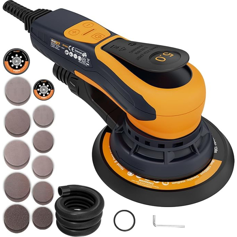 MAXXT bešepetėlinis elektrinis šlifuoklis 350 W, 150 ir 125 mm diskas, orbitinis šlifuoklis 5.0 su trijų šerdžių jungtimi, 4000-10000 aps/min (6 reguliuojami), automatinis stabdys 2 s, 20 šlifavimo popierių