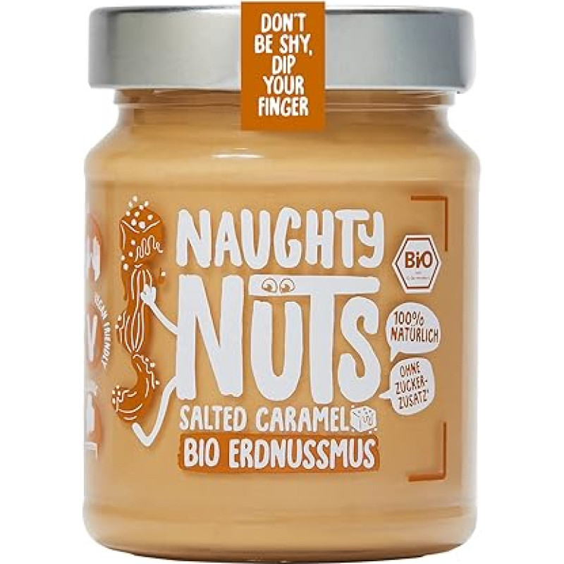NAUGHTY NUTS ekologiškas žemės riešutų sviestas, sūdyta karamelė, veganiškas žemės riešutų sviestas, 100 % natūralus, be palmių aliejaus ir cukraus, idealiai tinka dribsniams gardinti, 250 g