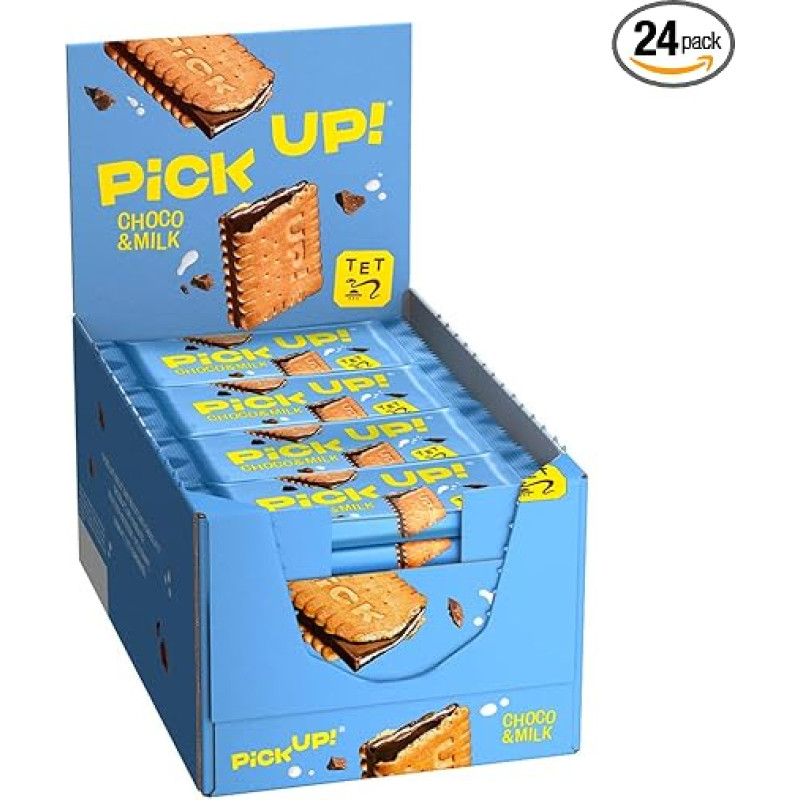 PiCK UP! Choco&Milk (24 x 28 g) sausainių batonėliai su traškiu pienišku šokoladu ir pieno kremu tarp dviejų sausainių, užkandžių užkandžių su 24 vnt.