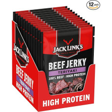 Jack Links Beef Jerky Teriyaki - Pack of 12 (12 x 25 g) - Dried Meat Protein Snacks - High Protein Snack for Gym, Fitness, Outdoor - American Food for People - Jerky Chips Made of Beef Meat